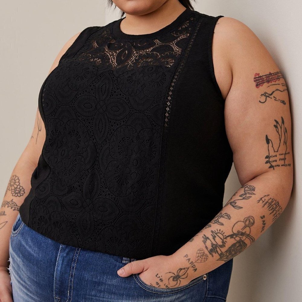 Torrid Cotton Modal Slub Lace Inset Mock Neck Tank Black 3x NEW NWT